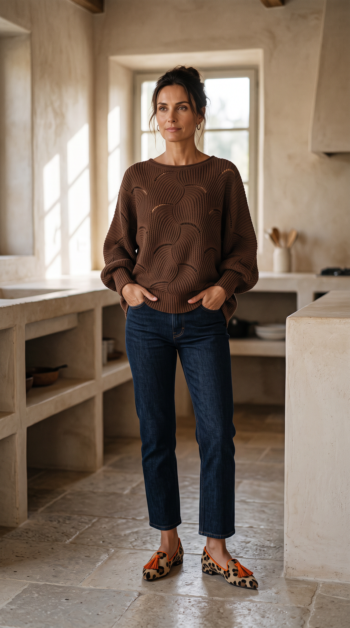 Outfit completo: ballerine con maglione traforato marrone