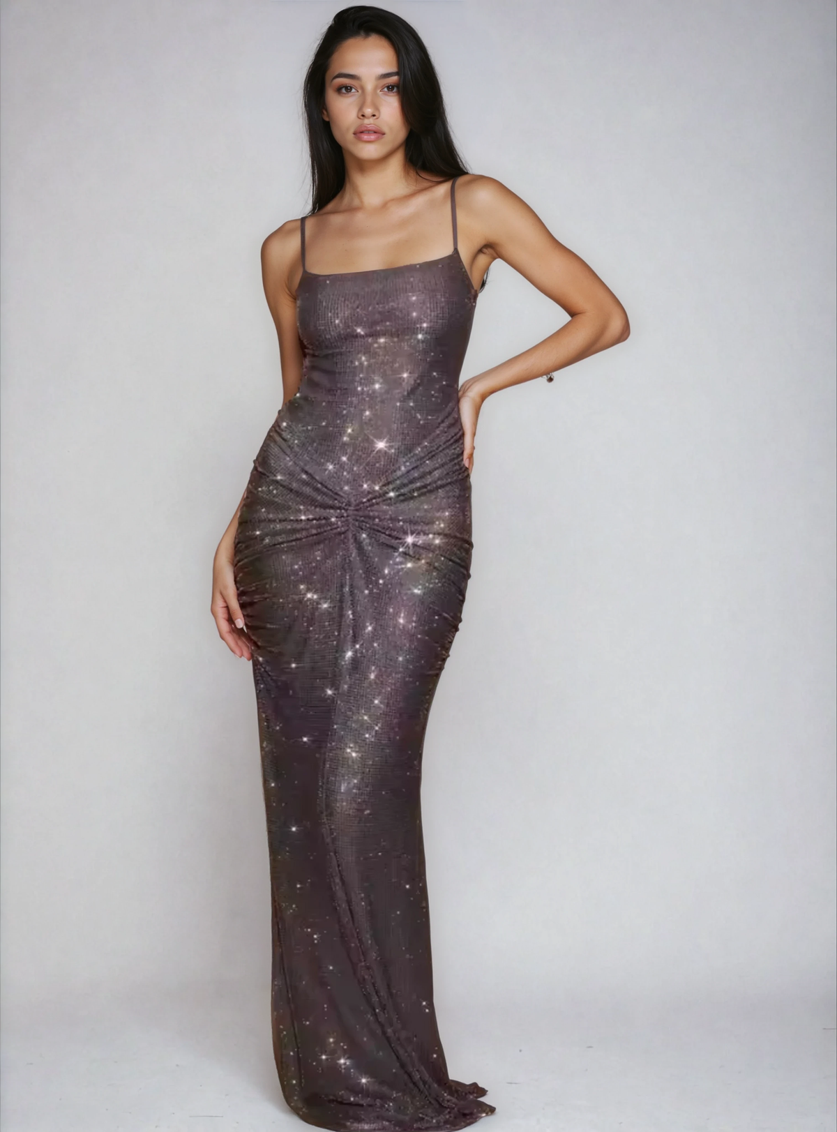 NOMI™ | Abito Maxi Strass Schiena Arricciata