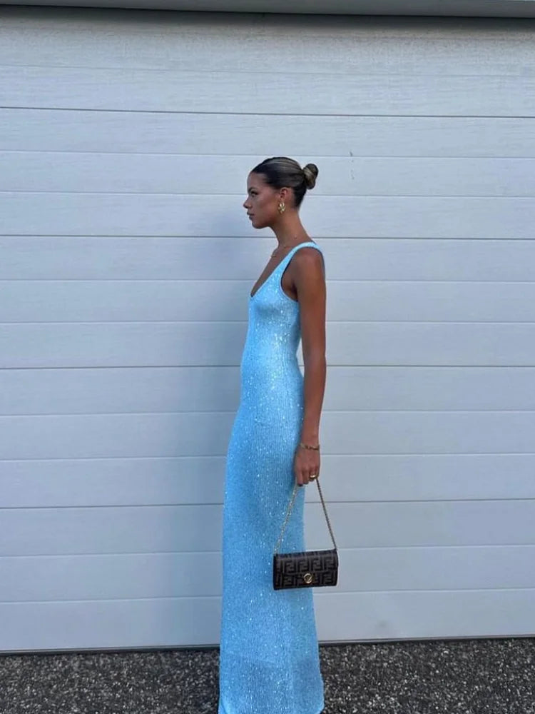 NOMI™ - Abito lungo con paillettes glitterate e vestibilità aderente
