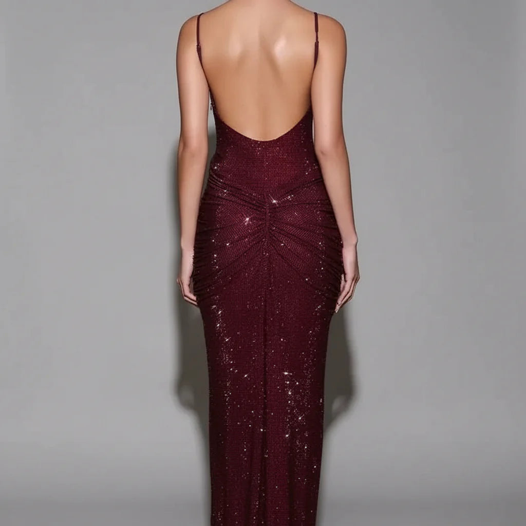 NOMI™ | Abito Maxi Strass Schiena Arricciata