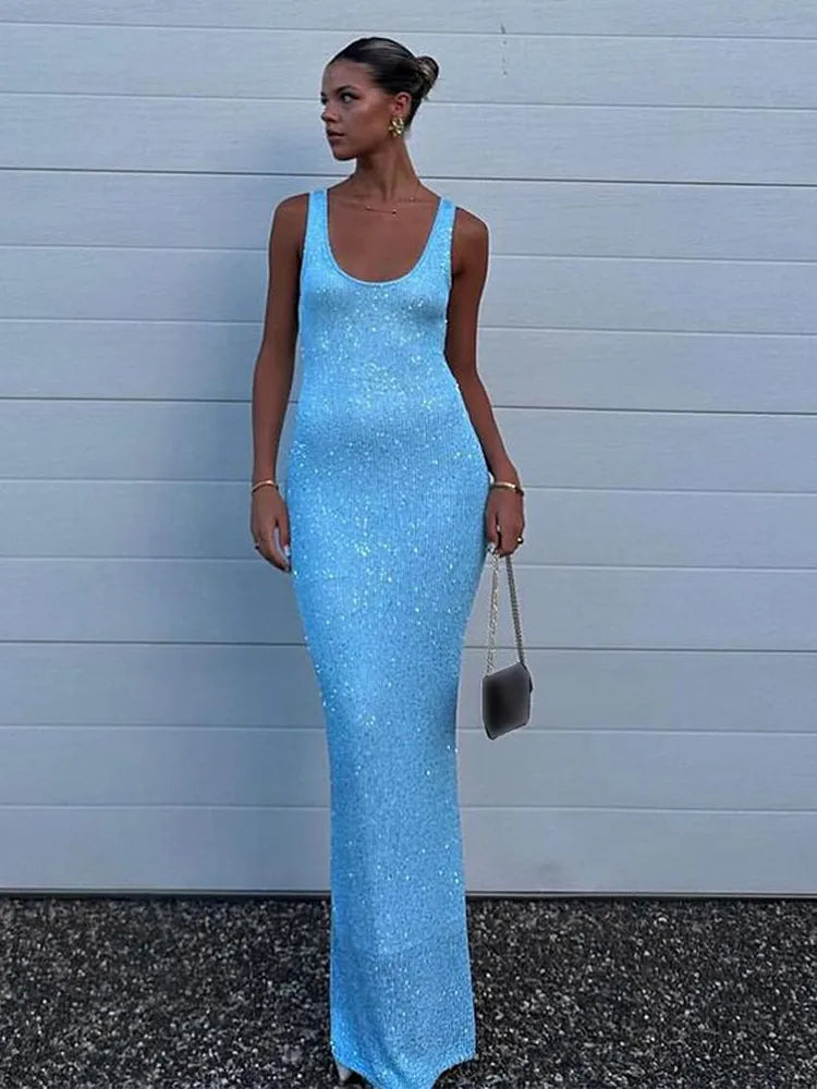 NOMI™ - Abito lungo con paillettes glitterate e vestibilità aderente