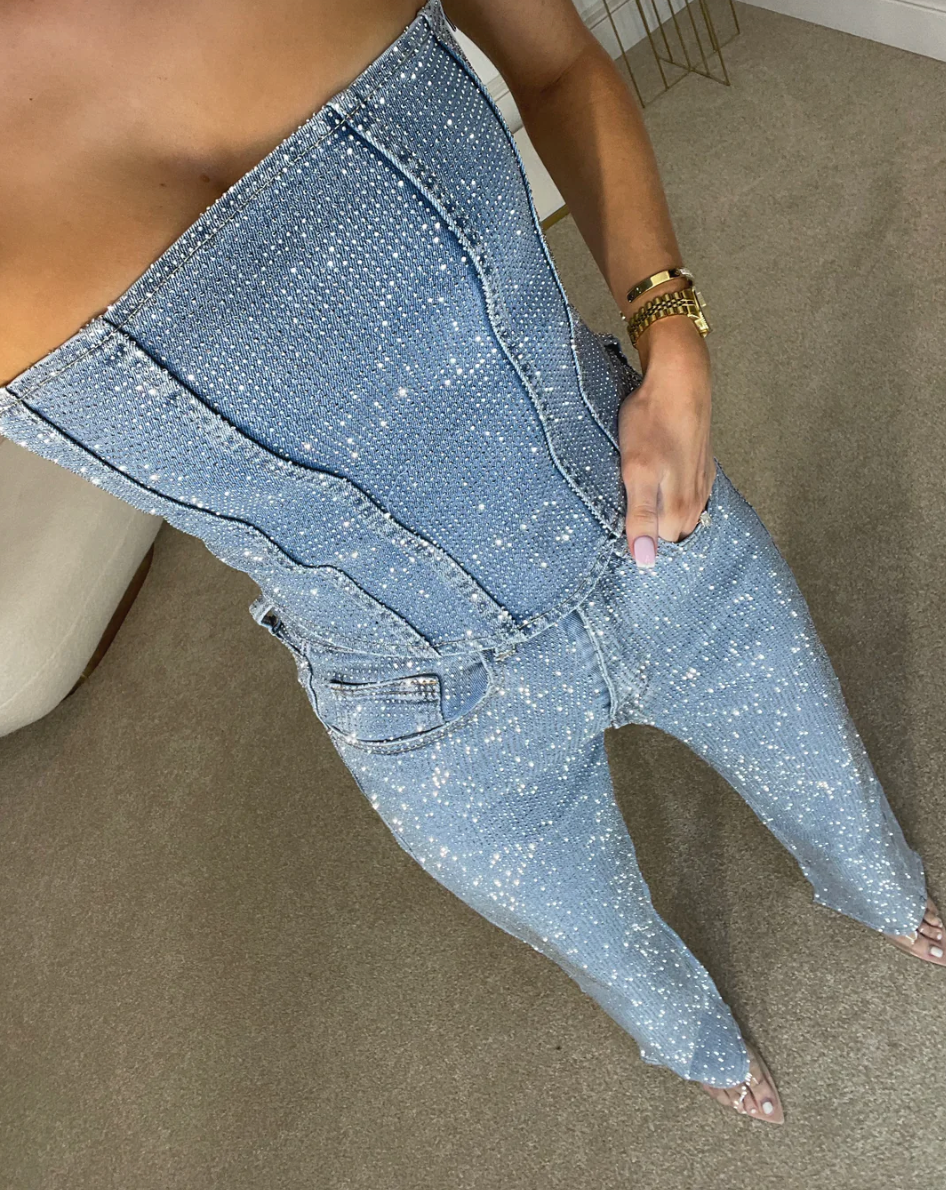 NOMI™ - Jeans in denim a vita alta scintillanti e corsetto in denim