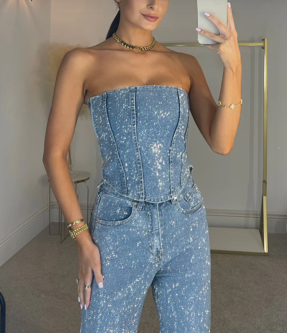 NOMI™ - Jeans in denim a vita alta scintillanti e corsetto in denim