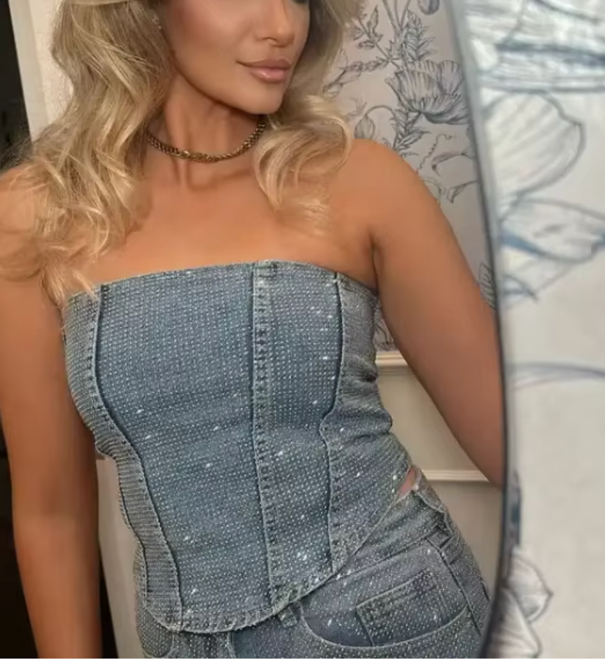 NOMI™ - Jeans in denim a vita alta scintillanti e corsetto in denim