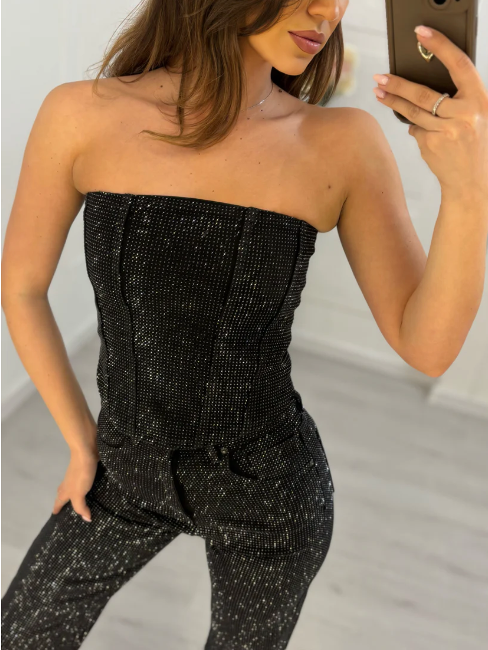 NOMI™ - Jeans in denim a vita alta scintillanti e corsetto in denim