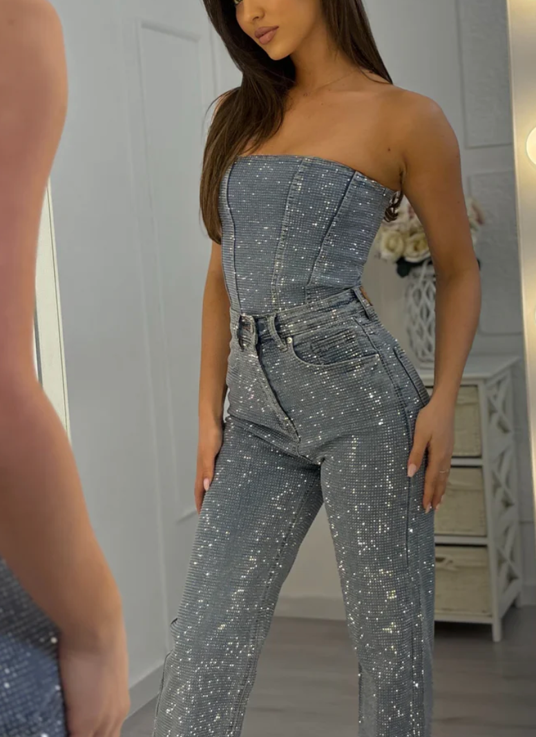 NOMI™ - Jeans in denim a vita alta scintillanti e corsetto in denim