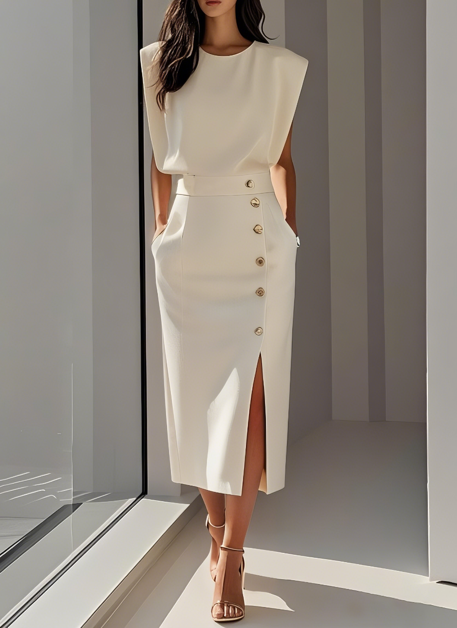 NOMI™ | Abito Avorio Elegante da Donna – Vestito Estivo con Bottoni Dorati e Spacco Laterale
