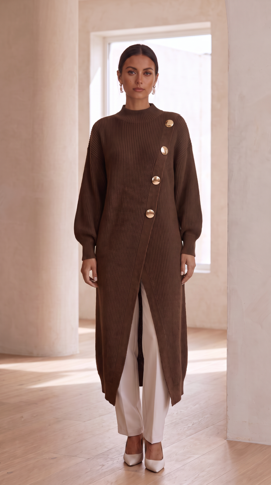 NOMI™ | Maxi Maglione Asimmetrico con Bottoni Dorati