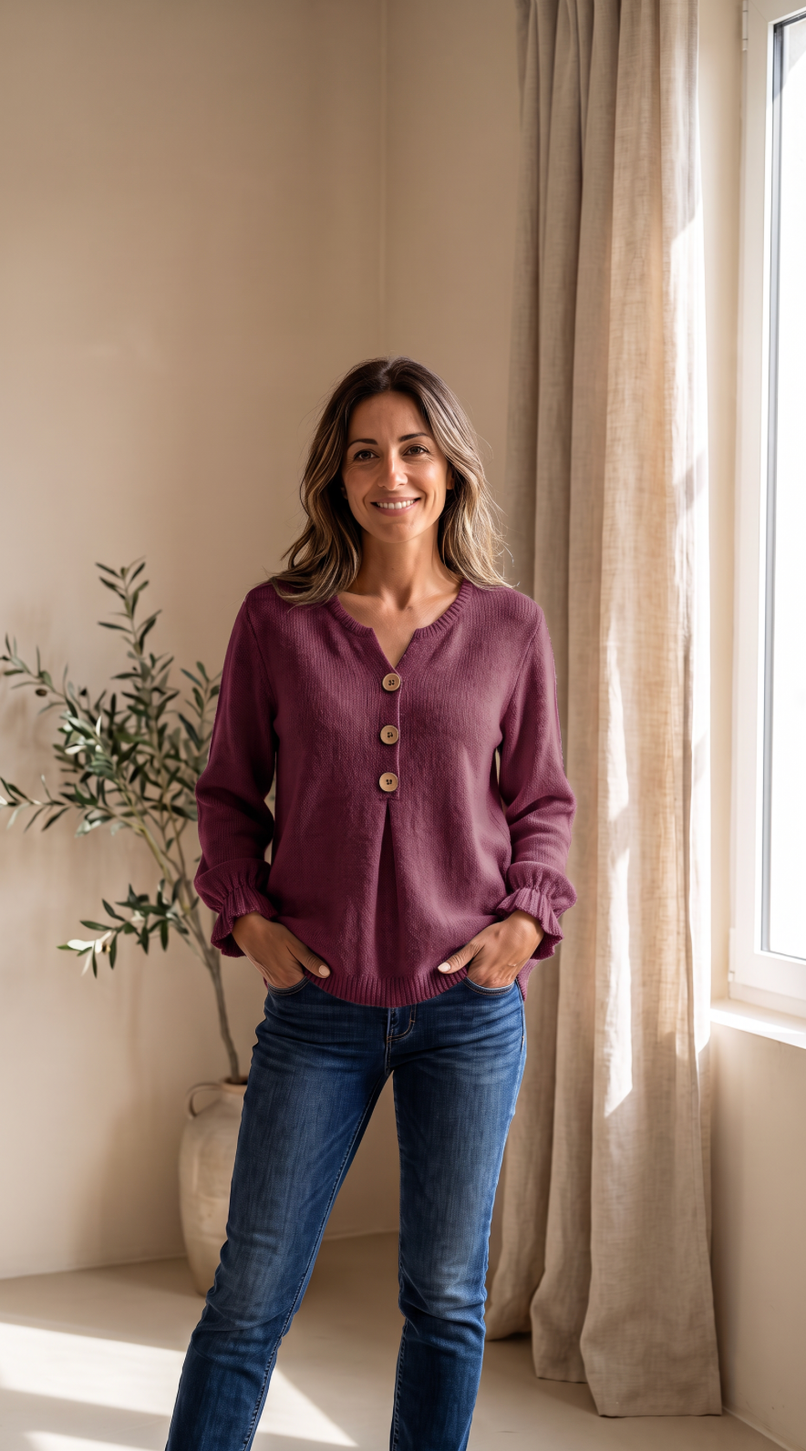 NOMI™ | Maglione Morbido con Scollo a V e Bottoni