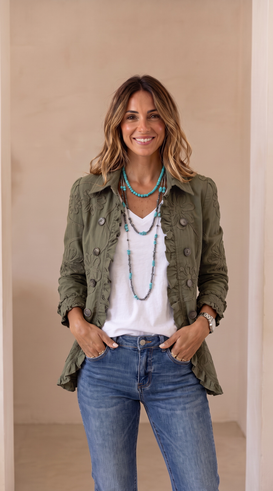 NOMI™ | Giacca con Ricami Floreali & Rouches