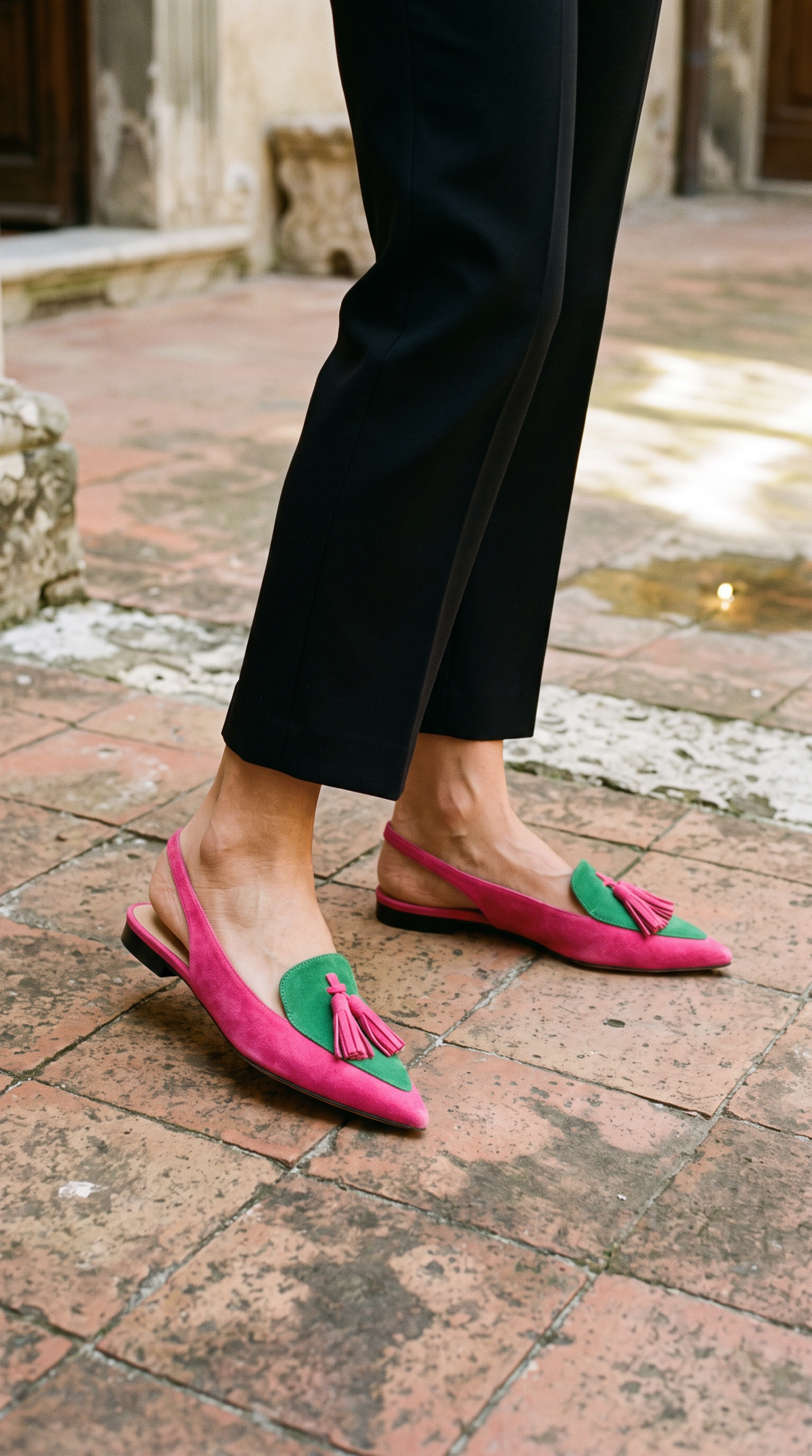 Slingback fucsia e verde indossata