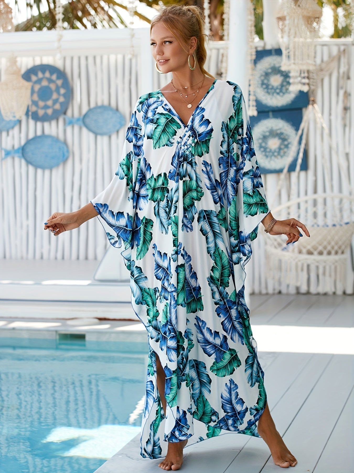 NOMI™ – Caftano elegante da spiaggia - Blu Verde