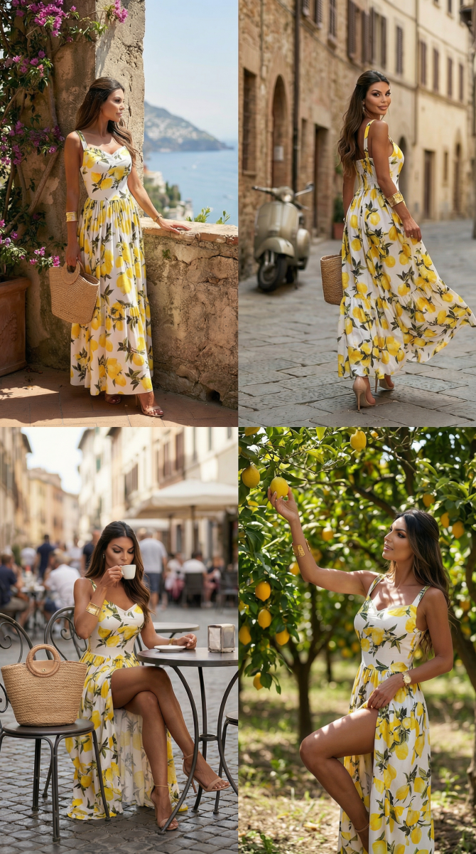 NOMI™ | Abito Estivo Lungo ‘Amalfi’ – Con Stampa di Limoni - Nomi