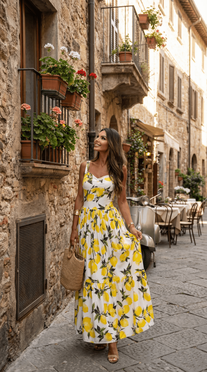 NOMI™ | Abito Estivo Lungo ‘Amalfi’ – Con Stampa di Limoni - Nomi