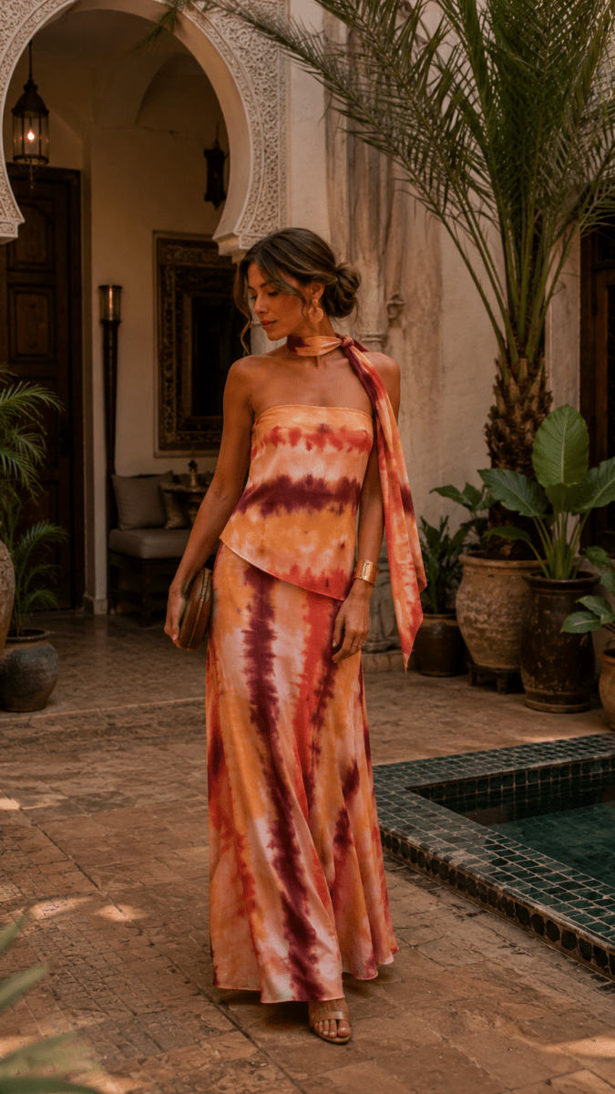 NOMI™ | Abito Maxi Bandeau Tie-Dye con Sciarpa - Nomi