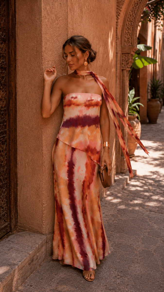 NOMI™ | Abito Maxi Bandeau Tie-Dye con Sciarpa - Nomi