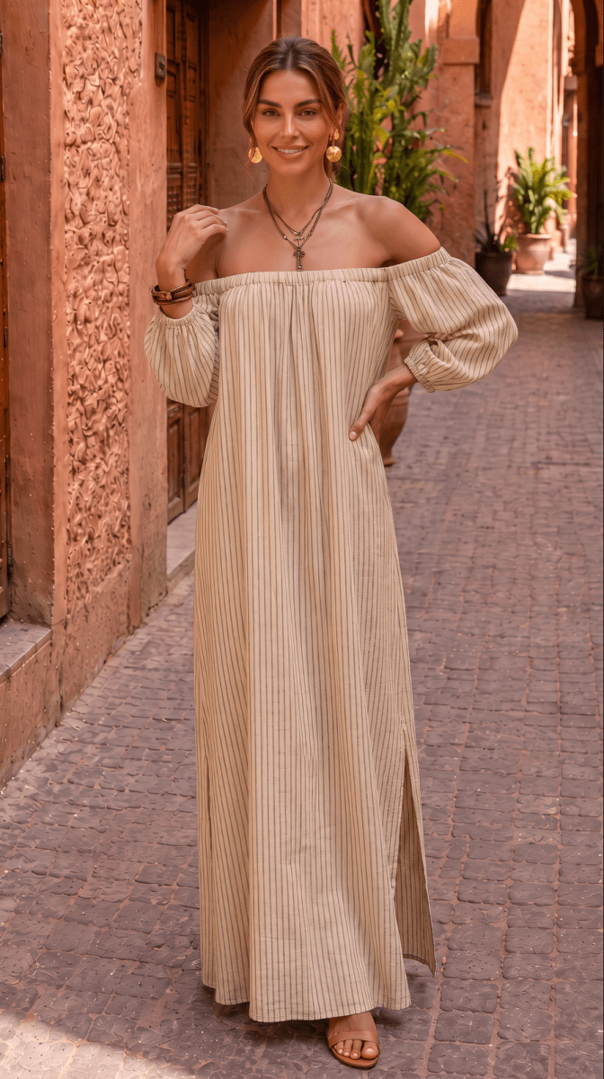 NOMI™ | Abito Maxi Off-Shoulder a Righe - Nomi