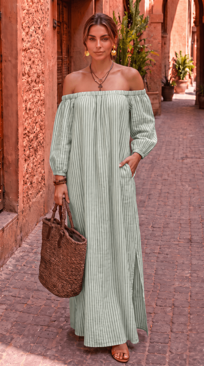 NOMI™ | Abito Maxi Off-Shoulder a Righe - Nomi