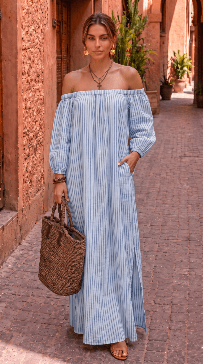 NOMI™ | Abito Maxi Off-Shoulder a Righe - Nomi