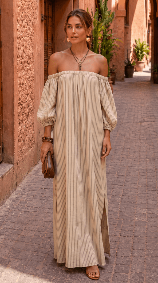 NOMI™ | Abito Maxi Off-Shoulder a Righe - Nomi