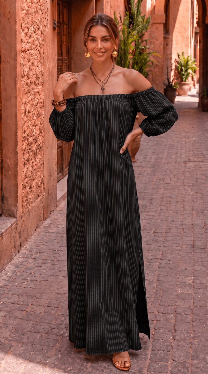 NOMI™ | Abito Maxi Off-Shoulder a Righe - Nomi