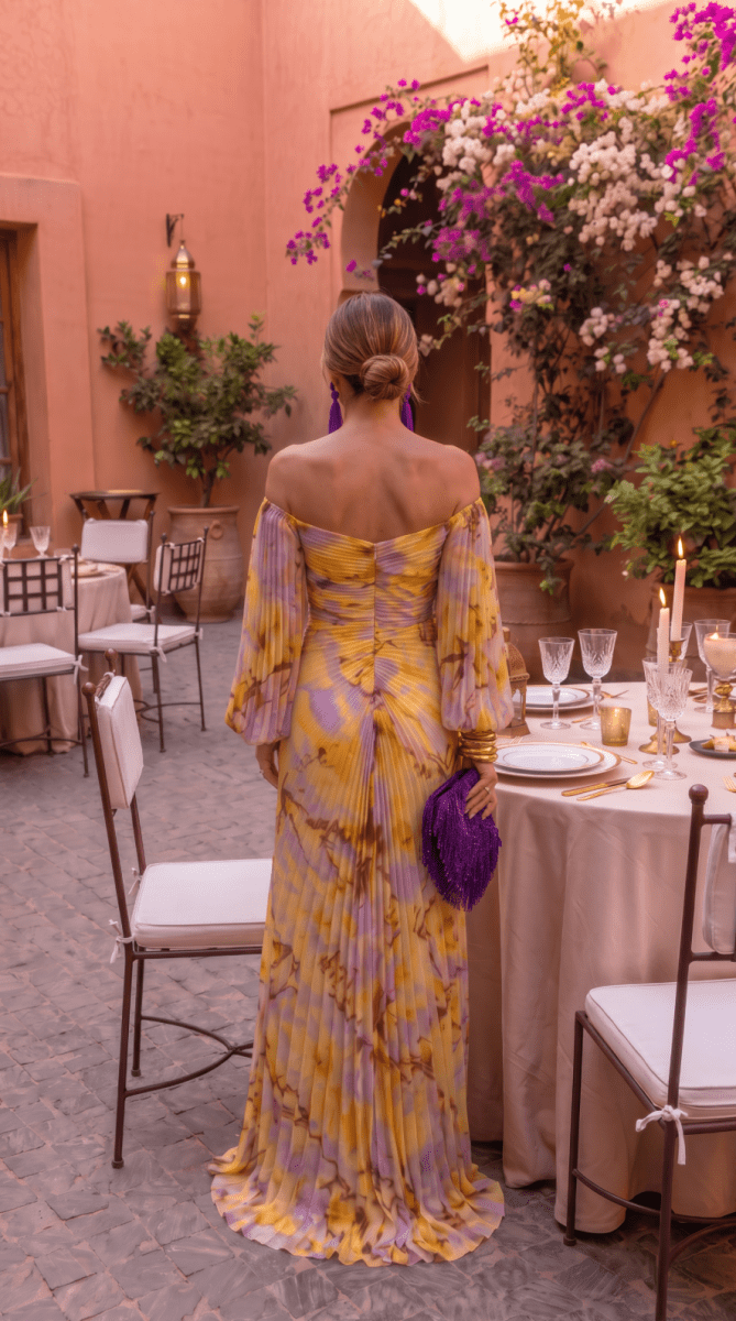 NOMI™ | Abito Maxi Off-Shoulder Plissé con Gioiello - Nomi