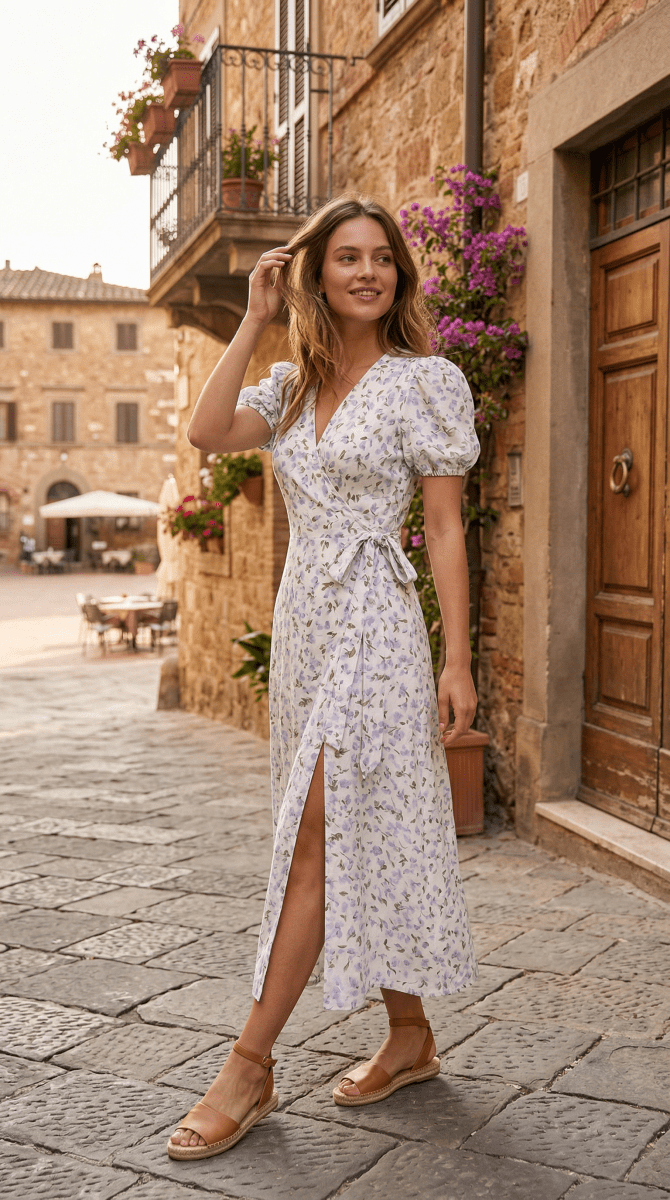 NOMI™ | Abito midi a portafoglio in cotone - Nomi