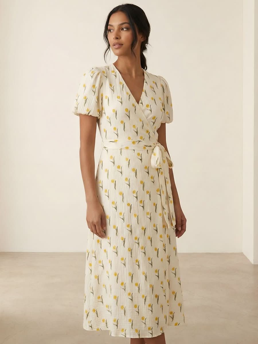 NOMI™ | Abito midi a portafoglio in cotone - Nomi