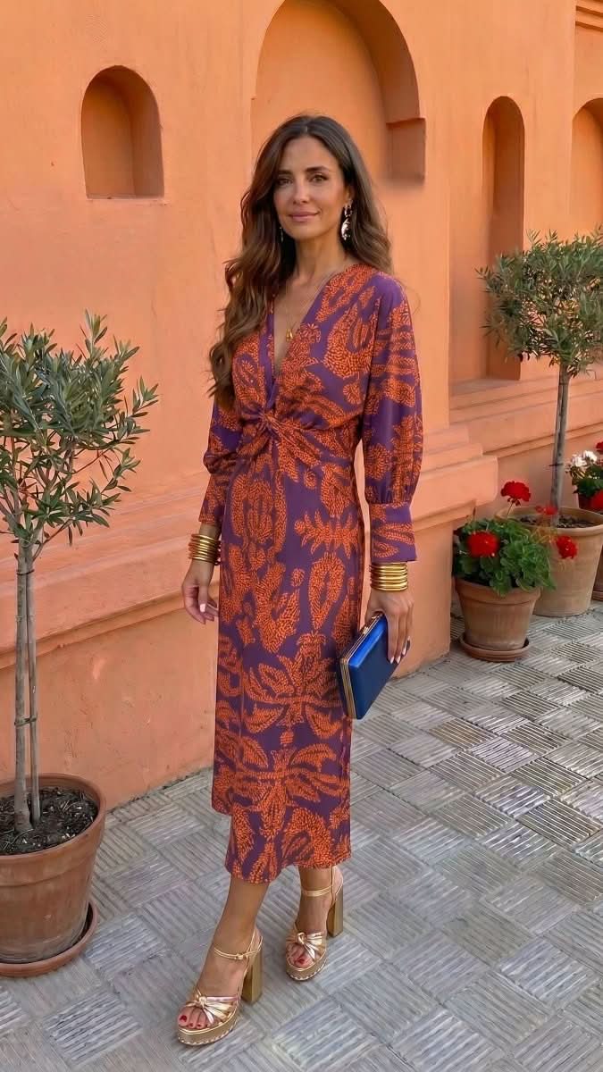 NOMI™ | Abito Midi con Nodo in Vita & Stampa Botanica - Nomi