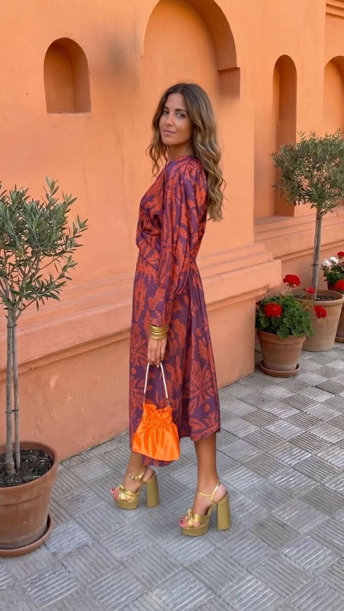 NOMI™ | Abito Midi con Nodo in Vita & Stampa Botanica - Nomi