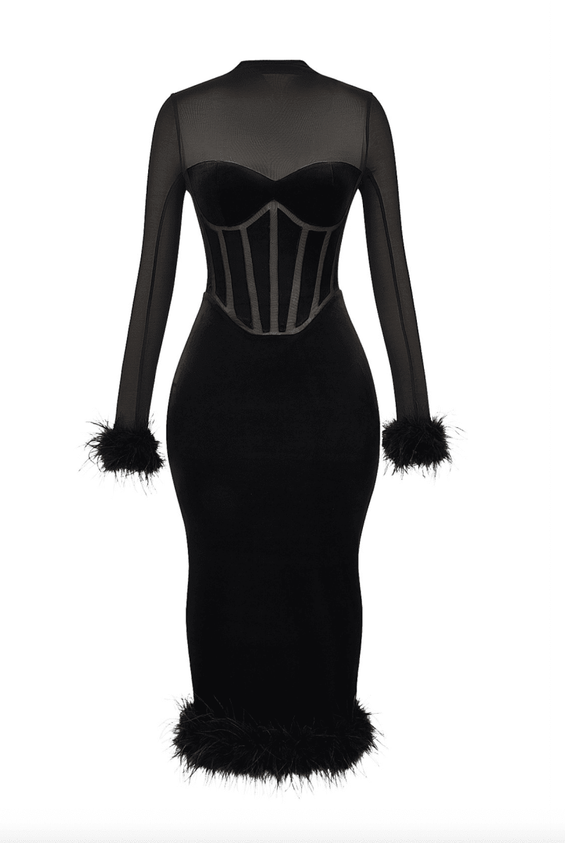 NOMI™ | Abito midi elegante con piume - Nomi
