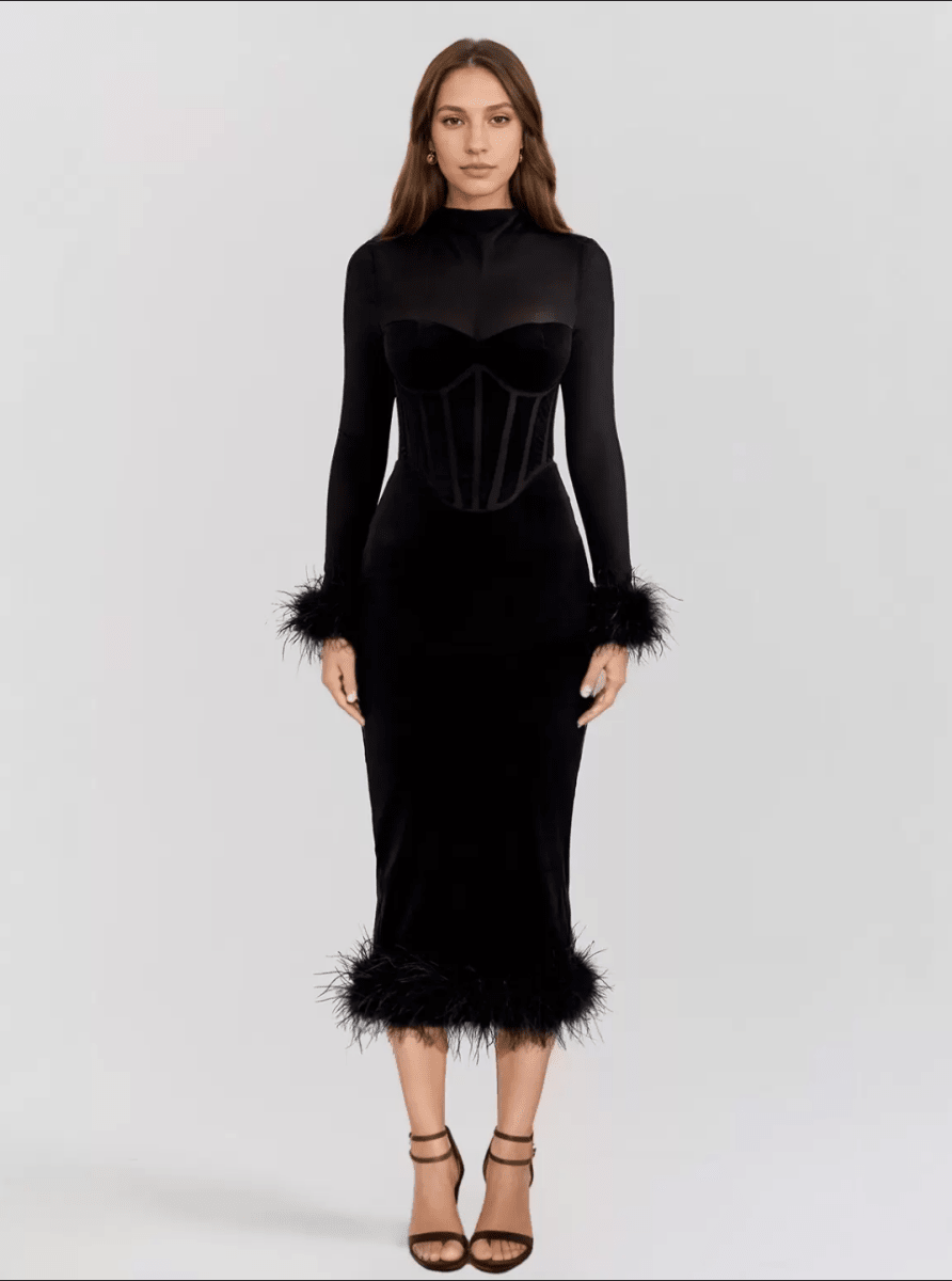NOMI™ | Abito midi elegante con piume - Nomi