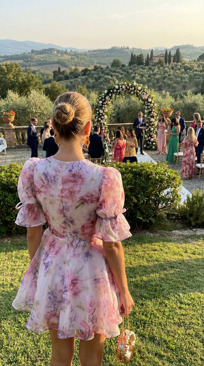 NOMI™ | Abito Mini Rosa a Fiori con Volant - Nomi