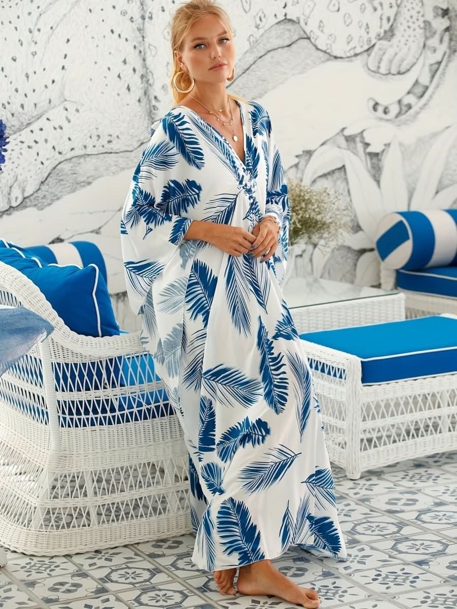 NOMI™ – Caftano elegante da spiaggia - Bianco Blu - Nomi