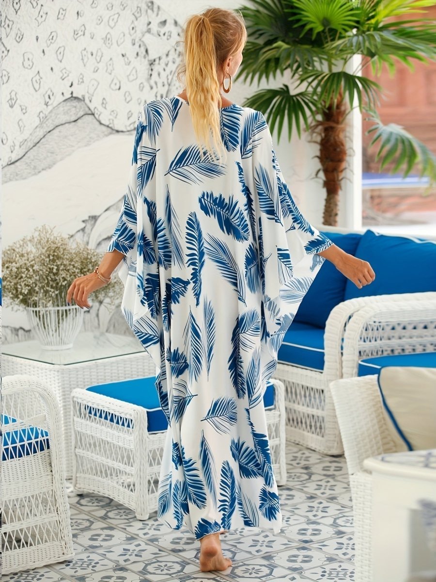 NOMI™ – Caftano elegante da spiaggia - Bianco Blu - Nomi