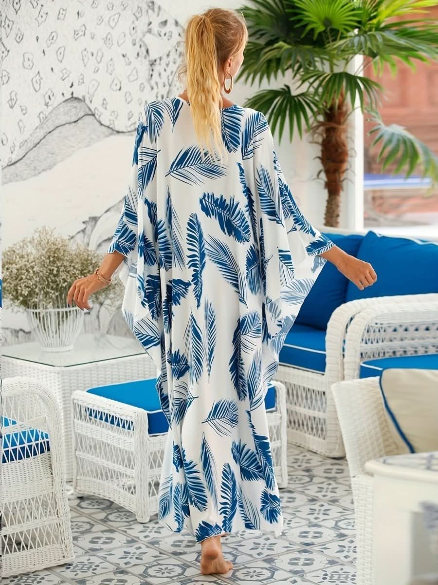 NOMI™ – Caftano elegante da spiaggia - Bianco Blu - Nomi