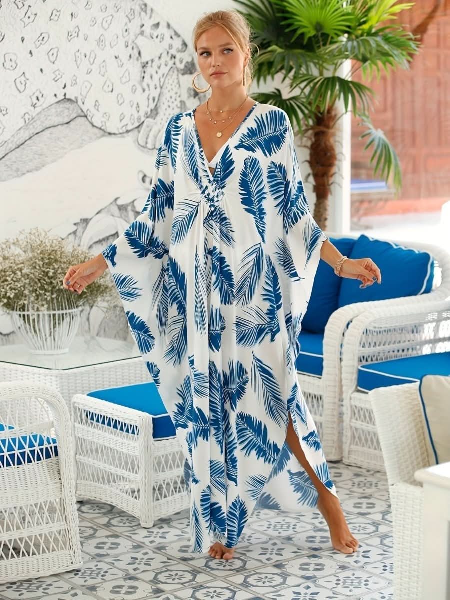 NOMI™ – Caftano elegante da spiaggia - Bianco Blu - Nomi