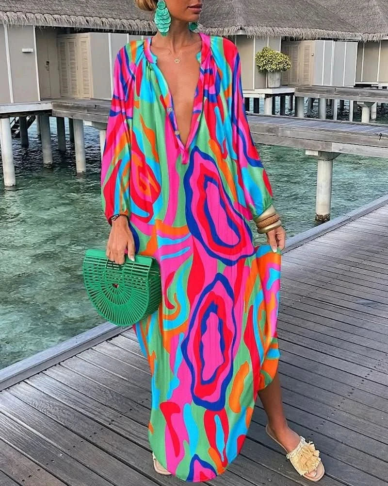 Nomi™ - Caftano Estivo Donna – Maxi Abito Leggero da Mare con Stampa - Nomi