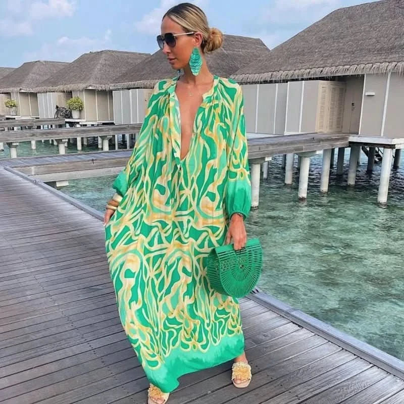 Nomi™ - Caftano Estivo Donna – Maxi Abito Leggero da Mare con Stampa - Nomi