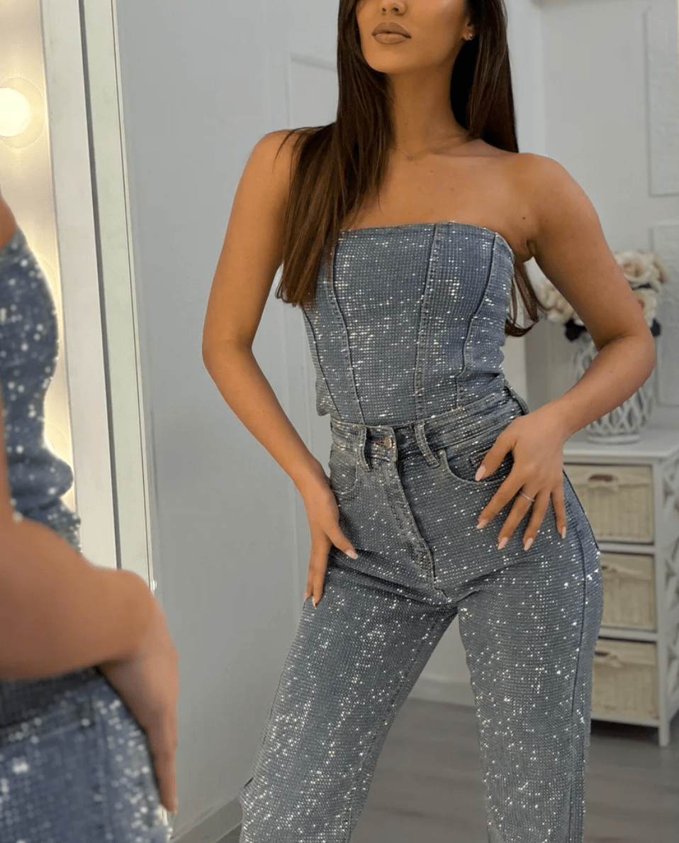 NOMI™ - Jeans in denim a vita alta scintillanti e corsetto in denim - Nomi