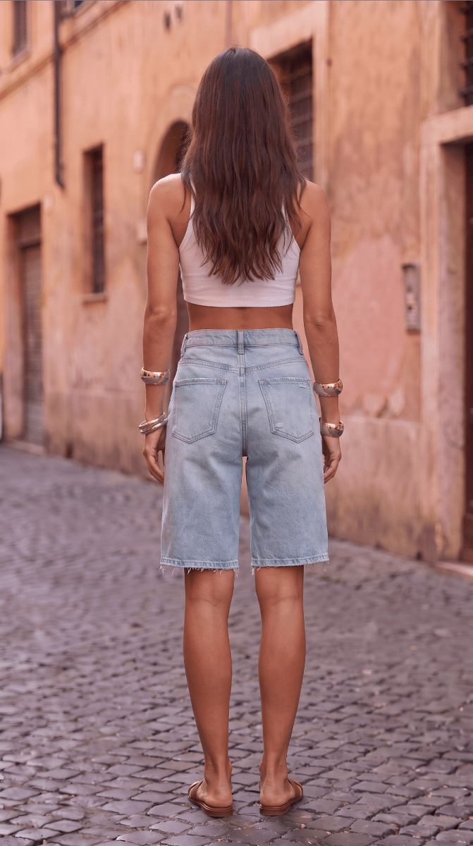 NOMI™ | Jort Denim a Vita Alta con Orlo Sfrangiato - Nomi