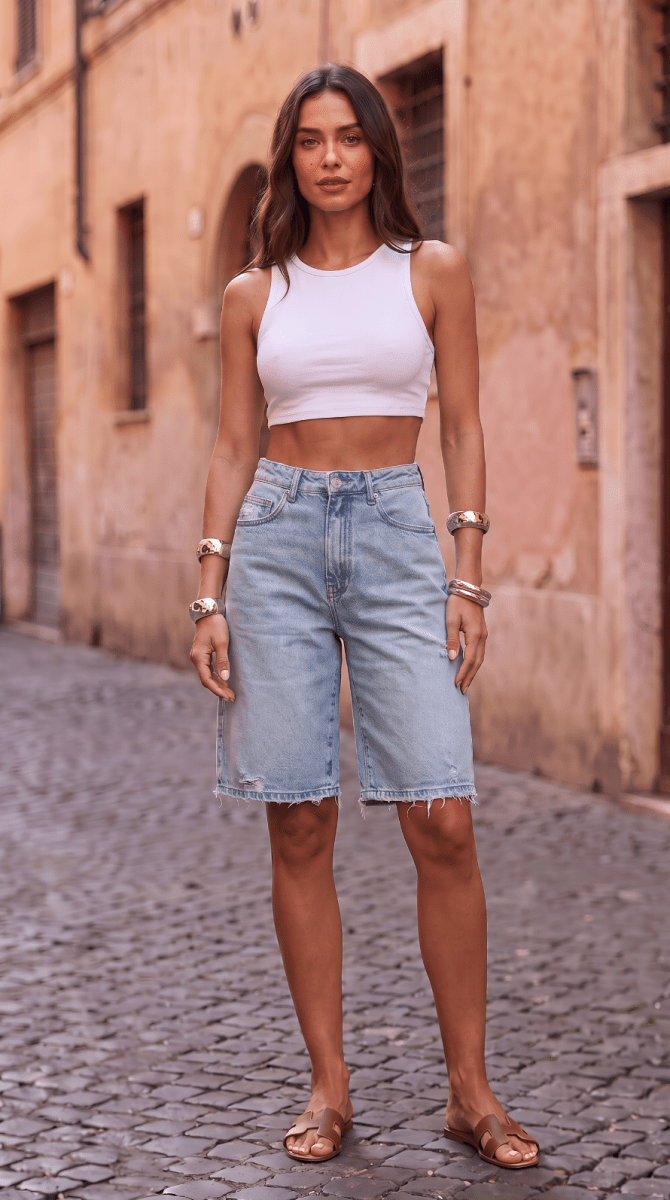 NOMI™ | Jort Denim a Vita Alta con Orlo Sfrangiato - Nomi