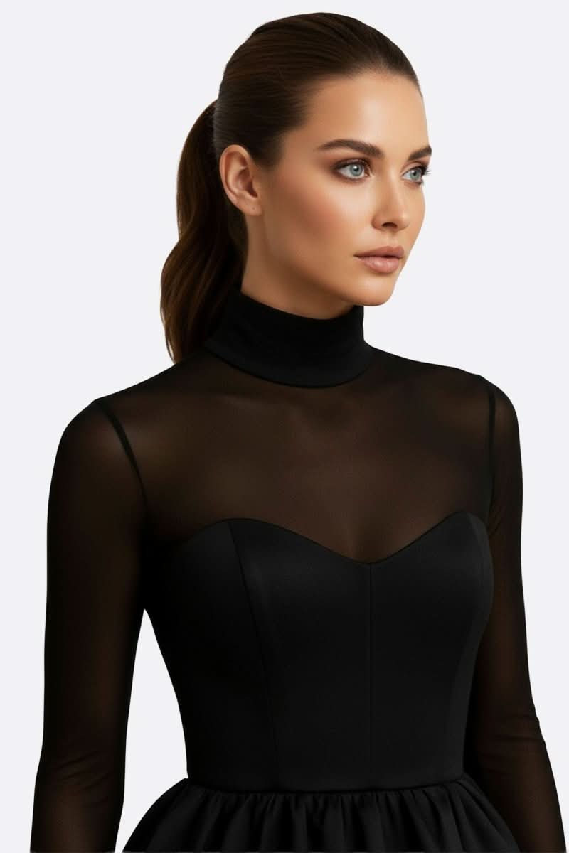 NOMI™ | Mini Abito Nero con Maniche Velate - Nomi