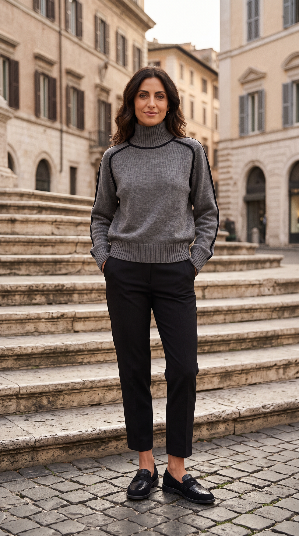 Outfit completo: mocassini Penny nero cocco con dolcevita grigio