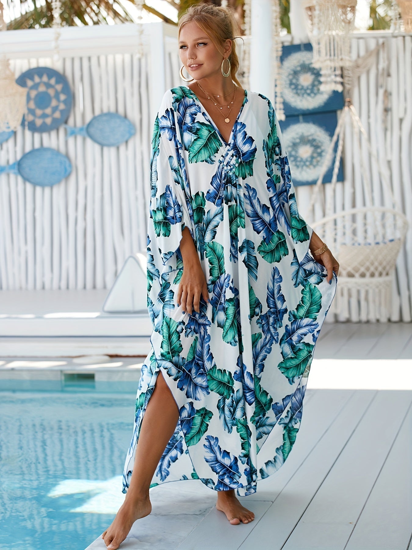 NOMI™ – Caftano elegante da spiaggia - Blu Verde
