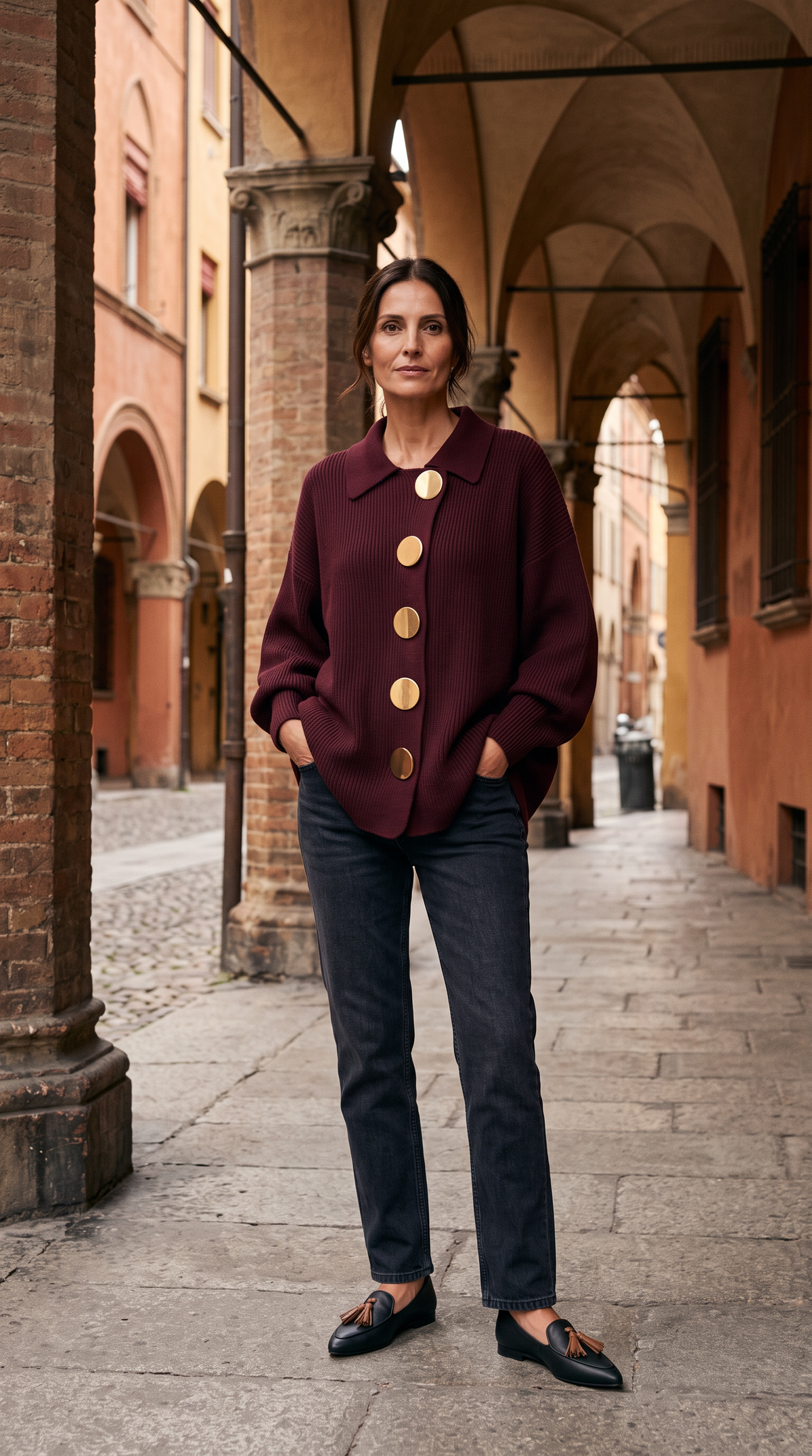 Outfit completo: mocassini neri con nappine e cardigan bordeaux