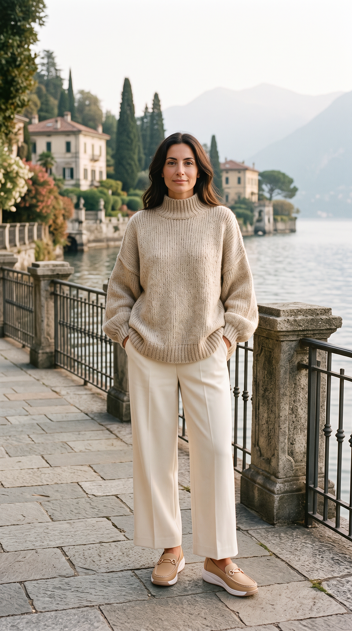Outfit completo: mocassini comfort con maglione lungo beige