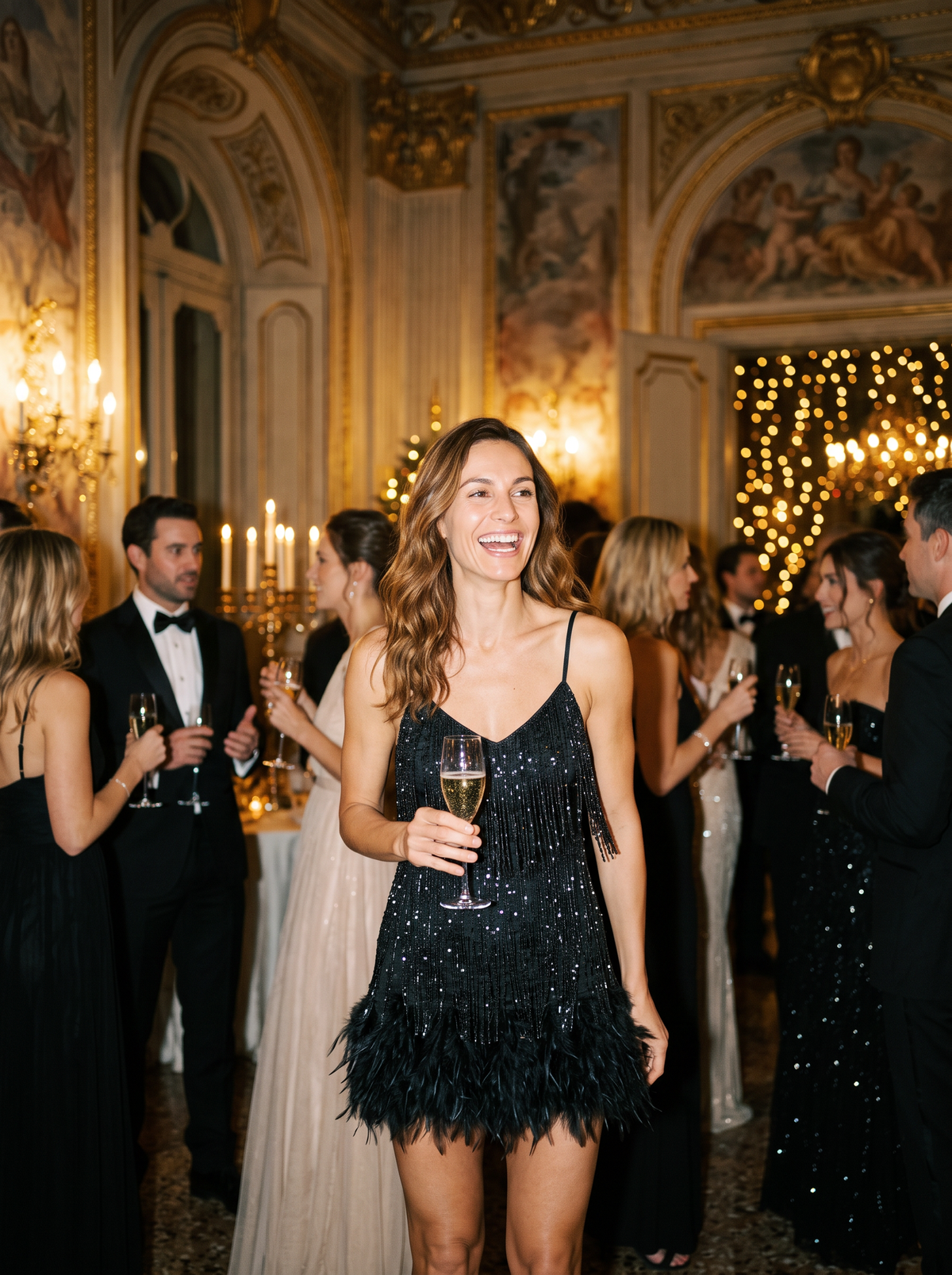 Mini abito con frange e piume nero per Capodanno NOMI
