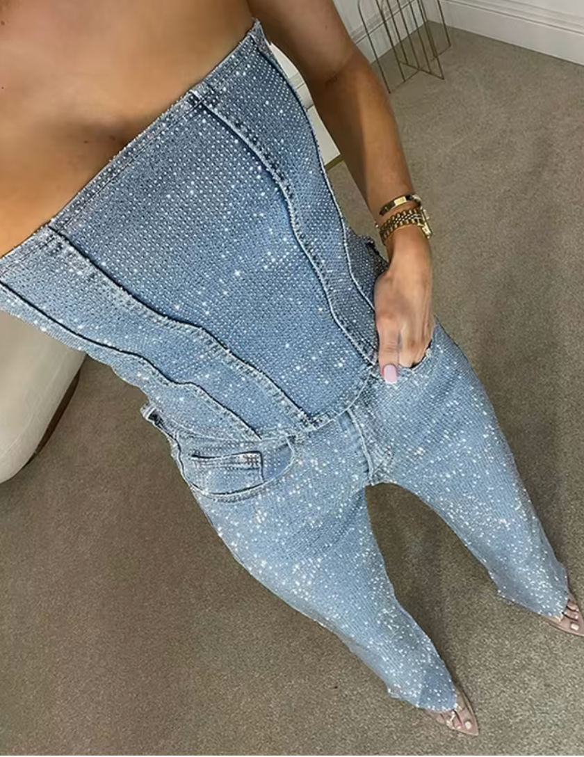 NOMI™ - Jeans in denim a vita alta scintillanti e corsetto in denim