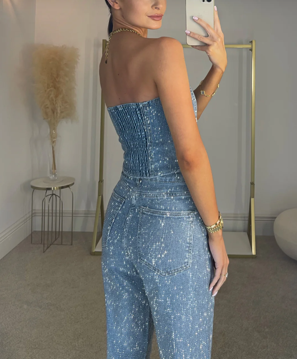 NOMI™ - Jeans in denim a vita alta scintillanti e corsetto in denim